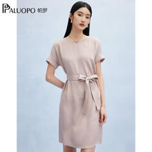 帕罗 PALUOPO 新品22姆米重绉圆领纯色短袖连衣裙重磅真丝高腰销售系带淑女裙子