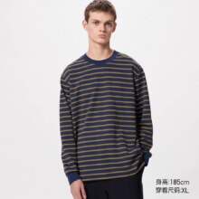 优衣库 男装女装AIRism棉混纺圆领条纹T恤长袖25春夏新款477340