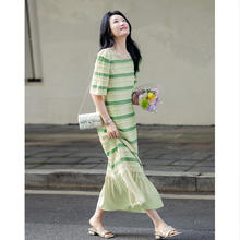 德玛纳 dme·kids 圆领肌理感慵懒条纹甜美减龄针织连衣裙女中长 苹果绿 L