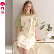 芬腾 纯棉睡裙女夏季薄款短袖睡衣裙夏天女款休闲熊猫连衣裙家居服 果绿 L ：110-125斤