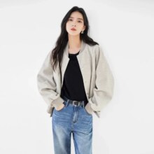 对白 冬装美式休闲棒球服小个子宽松夹克衫女式毛呢短外套