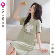 芬腾 纯棉睡裙 女春夏季 草绿