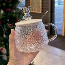 ins风可爱耐热玻璃水杯女生马克杯带盖勺办公室咖啡早餐杯 锤纹杯+小熊银盖+勺子 400ml