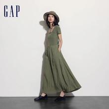 Gap 女士拼接褶皱方领短袖连衣裙 406427 深绿色 XS