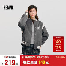 森马 外套女刺绣拼接撞色宽松夹克2024冬季仿毛呢棒球服109724108004