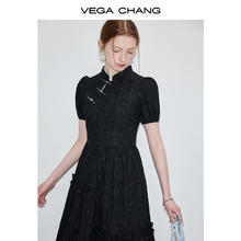 VEGA CHANG 新中式连衣裙女 夏季国风设计感提花黑色长裙