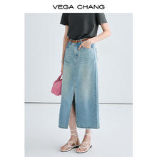 VEGA CHANG 半身裙女2025夏季新款设计感前开叉廓形水洗牛仔长裙