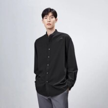 太平鸟 无领式刺绣长袖斯文黑色男式衬衫