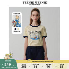TEENIE WEENIE 小熊女装2024春夏时髦撞色圆领短袖T恤印花上衣 浅黄色 165/M
