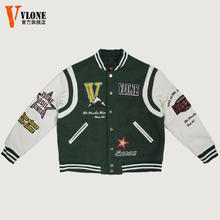 VLONE 秋冬季棒球服男新款美式复古刺绣加厚拼接夹克外套男宽松 墨绿色 常规 XL