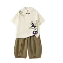 真维斯童装男童国风套装2025新款女童汉服夏季薄款中大童衣服儿童新中式夏装 杏/竹叶右上K+竹叶熊猫左下 130