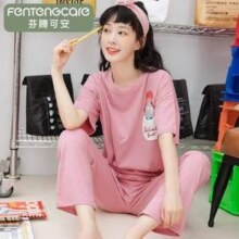 芬腾可安 夏季100%纯棉印花短袖长裤外穿家居服套装