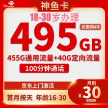 中国联通 神鱼卡30元 495G全国流量不限速100分钟