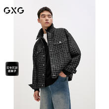 GXG 男装 潮流提花格纹牛仔夹克男休闲宽松牛仔外套夹克24秋季 蓝格 175/L