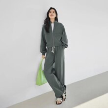 29号10点：对白 春秋装立领分割线双插袋外套长裤 女式休闲运动套装