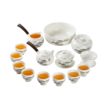 金镶玉功夫茶具套装 节日送礼礼品盒陶瓷茶壶茶杯侧把 羊脂玉瓷松乔套组