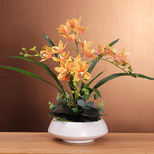 花代芙 高级蕙兰仿真花套装 白瓶+黄色