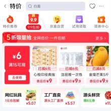 促销活动：京东特价专区 9.9包邮 满15元减6元优惠券