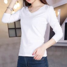PLUS包邮：V领长袖t恤女2025新款韩版百搭显瘦上衣纯色打底衫小个子打底衫 炫长袖V领T恤白色
