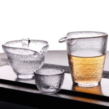 朗特乐 日式初雪耐热加厚玻璃锤目纹茶具品茗杯三才盖碗初雪公道杯功夫茶具分茶器茶漏茶海用具茶具套装组合 初雪套装（1盖碗+1公道杯+4茶杯）
