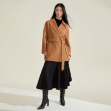 PLUS会员：VEROMODA 纯色中长系带毛呢大衣女 F10黄棕色