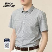 BLACKMONDAY纯棉易打理格子衬衫短袖商务休闲男士正装液氨免烫抗皱衬衣 青灰细格