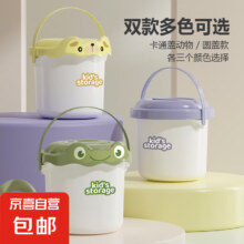 颜值塑料大容量带盖圆形卡通积木收纳桶 绿色-卡通盖