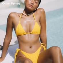 OceanMystery新款双色提花性感绑带挂脖比基尼女沙滩度假分体泳衣