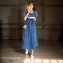法式连衣裙女夏季复古过膝收腰显瘦长裙韩系浅蓝色 L 105-120斤