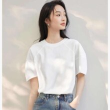 对白 夏装简洁纯色凉感分割线设计舒适宽松遮肉女式短袖T恤