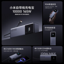 10日10点、百亿补贴：小米 Xiaomi PB1165MI 自带线充电宝 灰色 10000mAh 165W