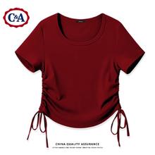 C&A 正肩短袖t恤女夏季2025灰色修身显瘦体恤短款上衣女 酒红 XL