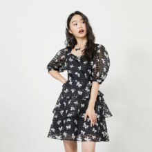 ONLY 秋季短袖裙蛋糕裙格子碎花连衣裙女