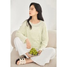 对白 镂空杂色分割线条针织衫女式圆领毛衣