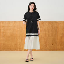 百家好 百家好撞色休闲百搭夏日设计感优雅短袖连衣长裙 黑色