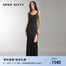 MISS SIXTY 2024秋季牛仔连衣裙女性感开衩解构式复古水洗 黑灰 XS
