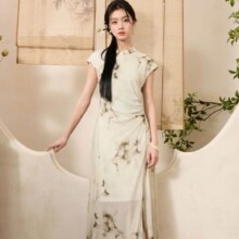 超V会员：三彩 茶烟入梦 新中式晕染网纱印花气质休闲连衣裙