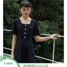 自巧150小个子连衣裙女夏方领泡泡袖显高赫本风小黑裙气质裙子 黑色 XXS