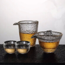 朗特乐 日式初雪耐热加厚玻璃锤目纹茶具品茗杯三才盖碗初雪公道杯功夫茶具分茶器茶漏茶海用具茶具套装组合  初雪套装（1盖碗+1公道杯+2茶杯）