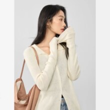 对白 软糯修身翻领毛衣女式针织开衫