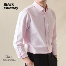 BLACKMONDAY 纯棉牛津纺长袖衬衫男竖条纹男士免烫商务休闲衬衣 粉条纹