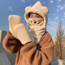 小熊帽子毛绒围巾女冬季可爱手套冬天三件套连帽一体围脖秋冬保暖