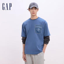 Gap 男女装2024初秋拼接logo纯棉短袖T恤圆领宽松上衣637571 蓝色 175/96A(L) 亚洲尺码