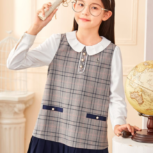 HAZZYS 女童翻领格子百褶长袖裙