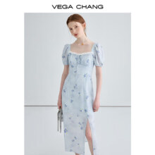 20点开始：VEGA CHANG 法式开叉碎花连衣裙女 鸢尾蓝