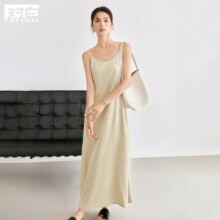 对白 纯色光感可调节肩带女式长款吊带连衣裙