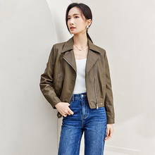 尚都比拉 女士复古翻领金属拉链皮衣