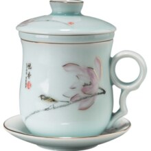 容山堂茗尚家用陶瓷四件套绿茶杯办公室茶水分离杯过滤大容量水杯