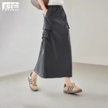对白 夏装工装风大口袋抽绳设计后开叉松紧腰女式中长半身裙