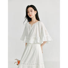 茵曼 荷叶边刺绣衬衫2024夏季女装流苏系带镂空织带中袖衬衣 白色 M